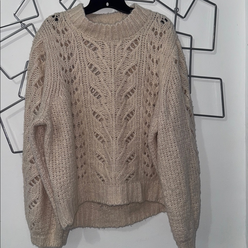 Point Sur Alpaca & Wool Pointelle Knit Mock Neck Sweater in Cream Women's Large - Picture 3 of 6